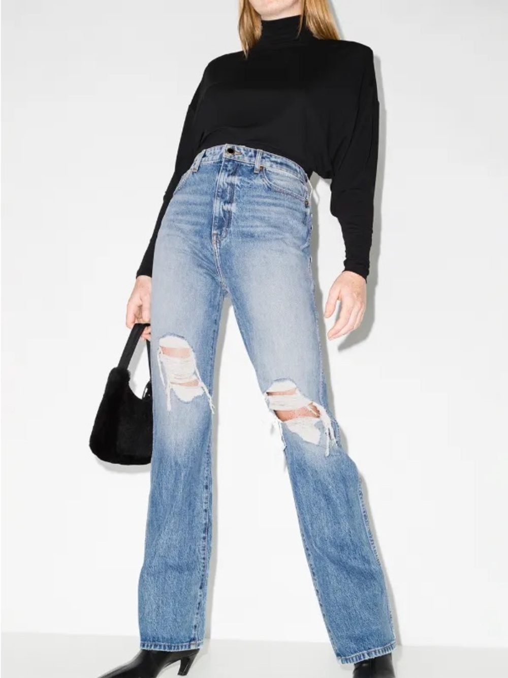 KHAITE Danielle Distressed High-Rise Straight Leg Jeans in Light Blue